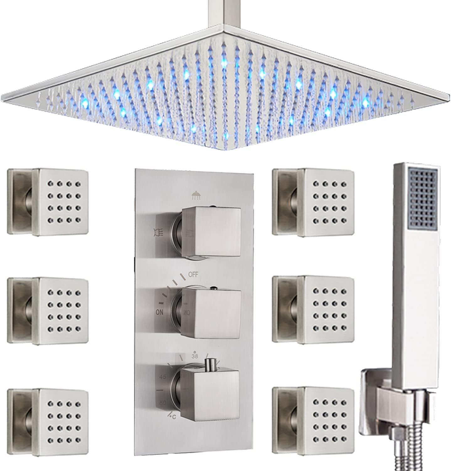Zovajonia Shower System 12 Inches thermostat Shower Faucet Set,  LED Rain Shower Head with Handheld Spray laundry jet system  Bathroom Ceiling Mount Shower Fixtures Brushed Nickel