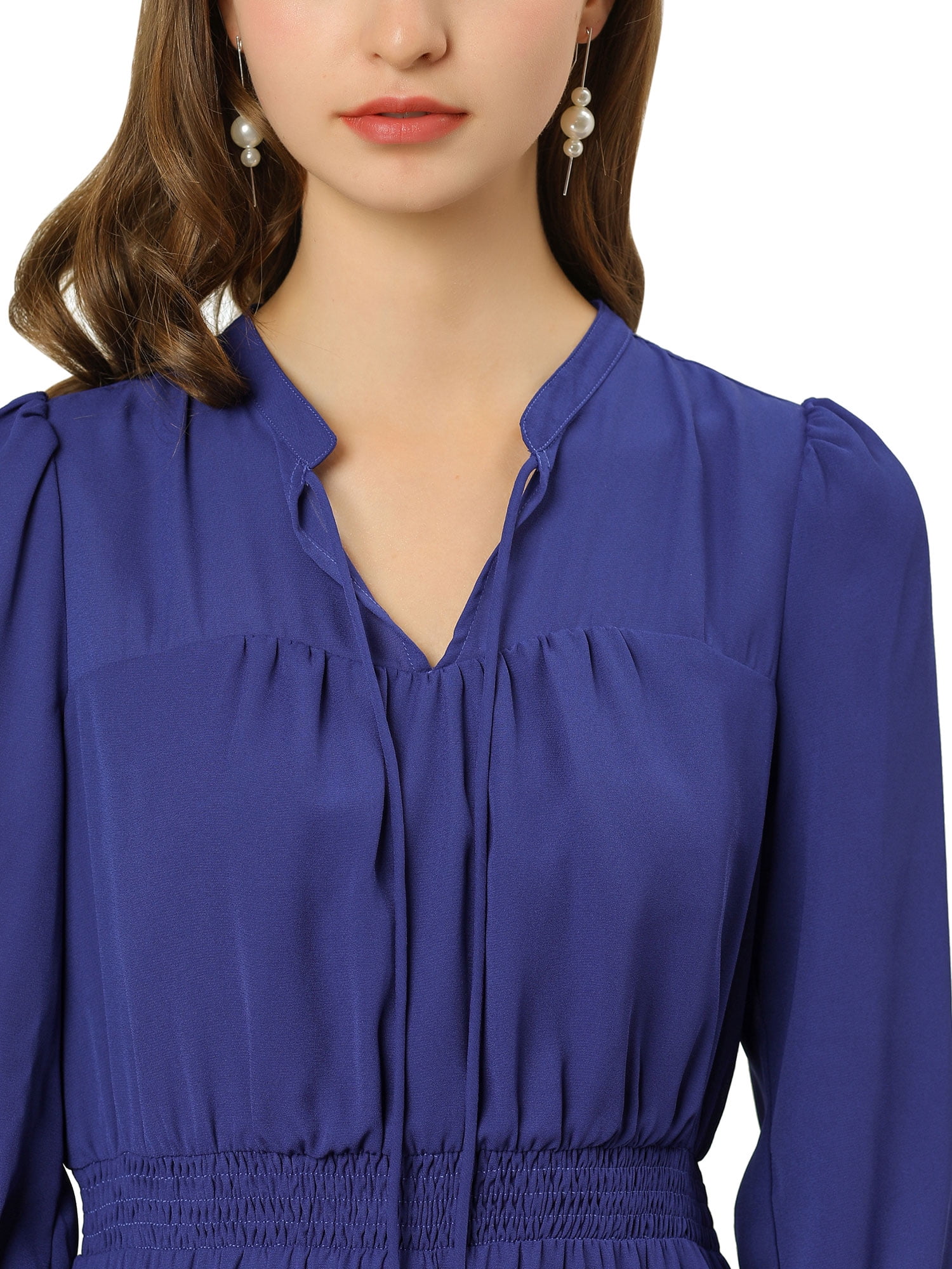DARING DIVA Tie V Neck Chiffon 3/4 Sleeve Smocked Mini A-Line Dress M Royal Blue