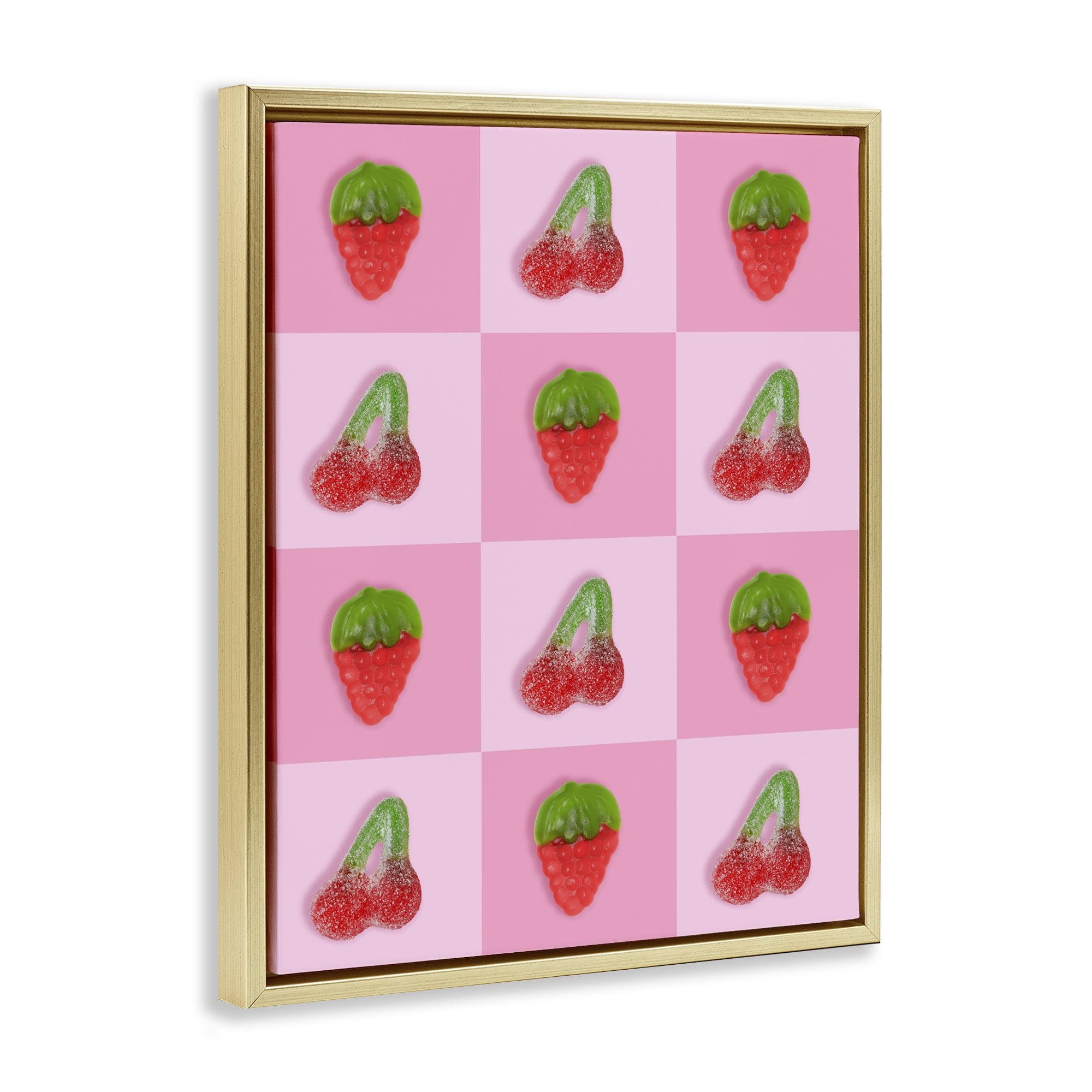 Stupell Industries Gummy Strawberry and Cherry Checkerboard Gold Framed Floater Canvas Wall Art, design by LISH Creative