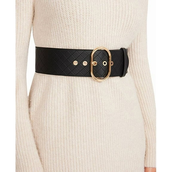 Steve Madden Diamond Quilted Stretch Faux-Leather Belt – Black/Gold, Large/X-Large