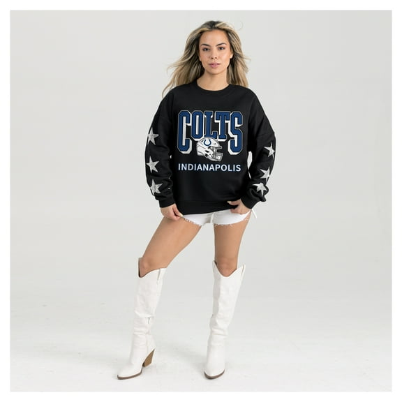 Women's Gameday Couture Black Indianapolis Colts Pure Victory Rhinestud Star-Sleeve Pullover Sweatshirt