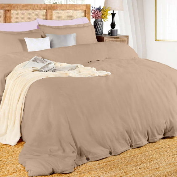 Superior Cotton Linen Blend Tan Duvet Set, Full/ Queen