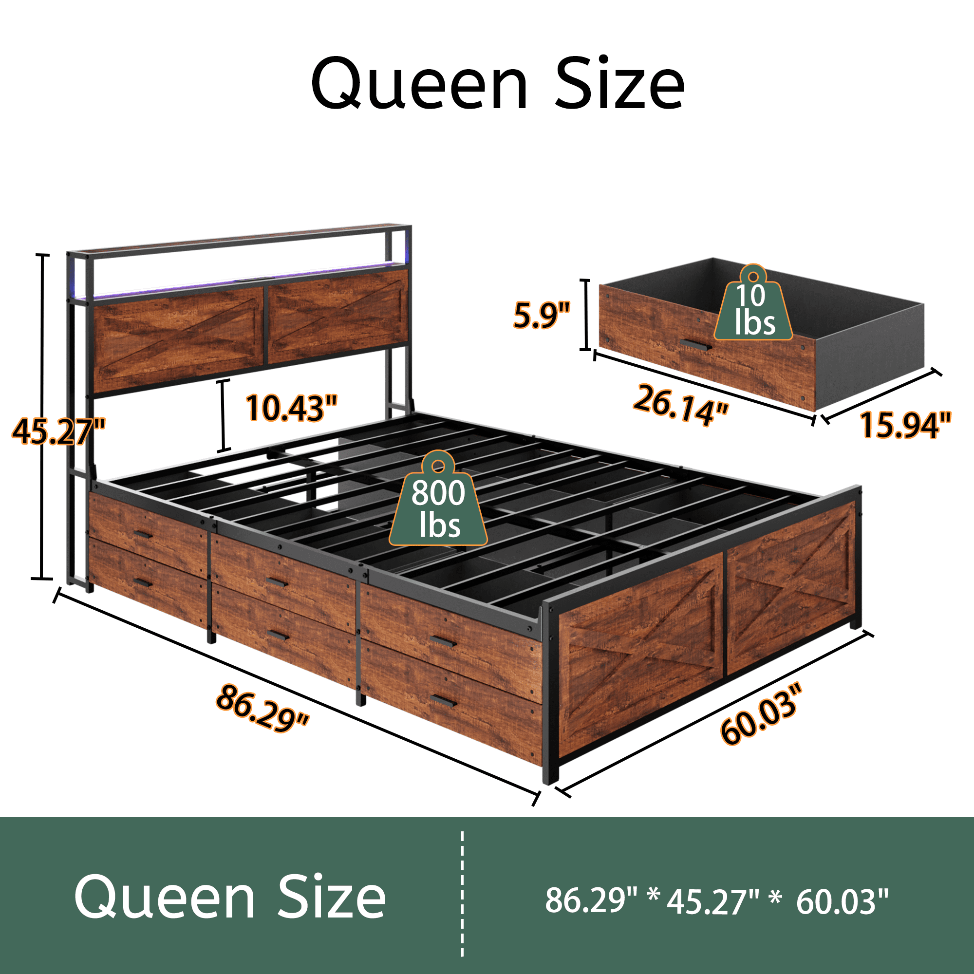 BSHTI Queen Bed Frame with 12 Storage Drawers, Wood & Metal LED Platform Bed Frame with Storage Headboard & Drawers, Charging Station, No Box Spring Needed, Farmhouse Style for Bedroom, Rustic Brown