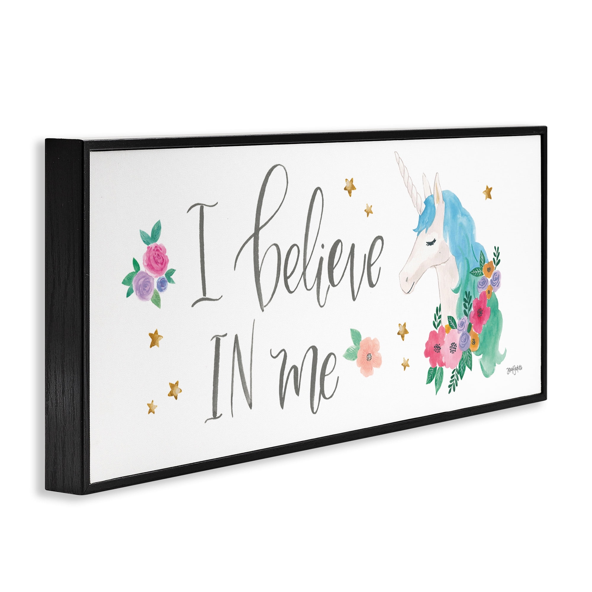 Stupell Industries Believe In Me Blue Unicorn Art for Kids Painting Black Framed Art Print Wall Art, 30 x 13