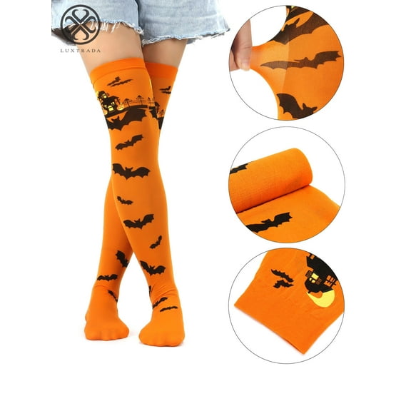 Luxtrada 1 Pair Halloween Thigh High Long Stockings Over Knee Spider Socks Cosplay Pumpkin Bat
