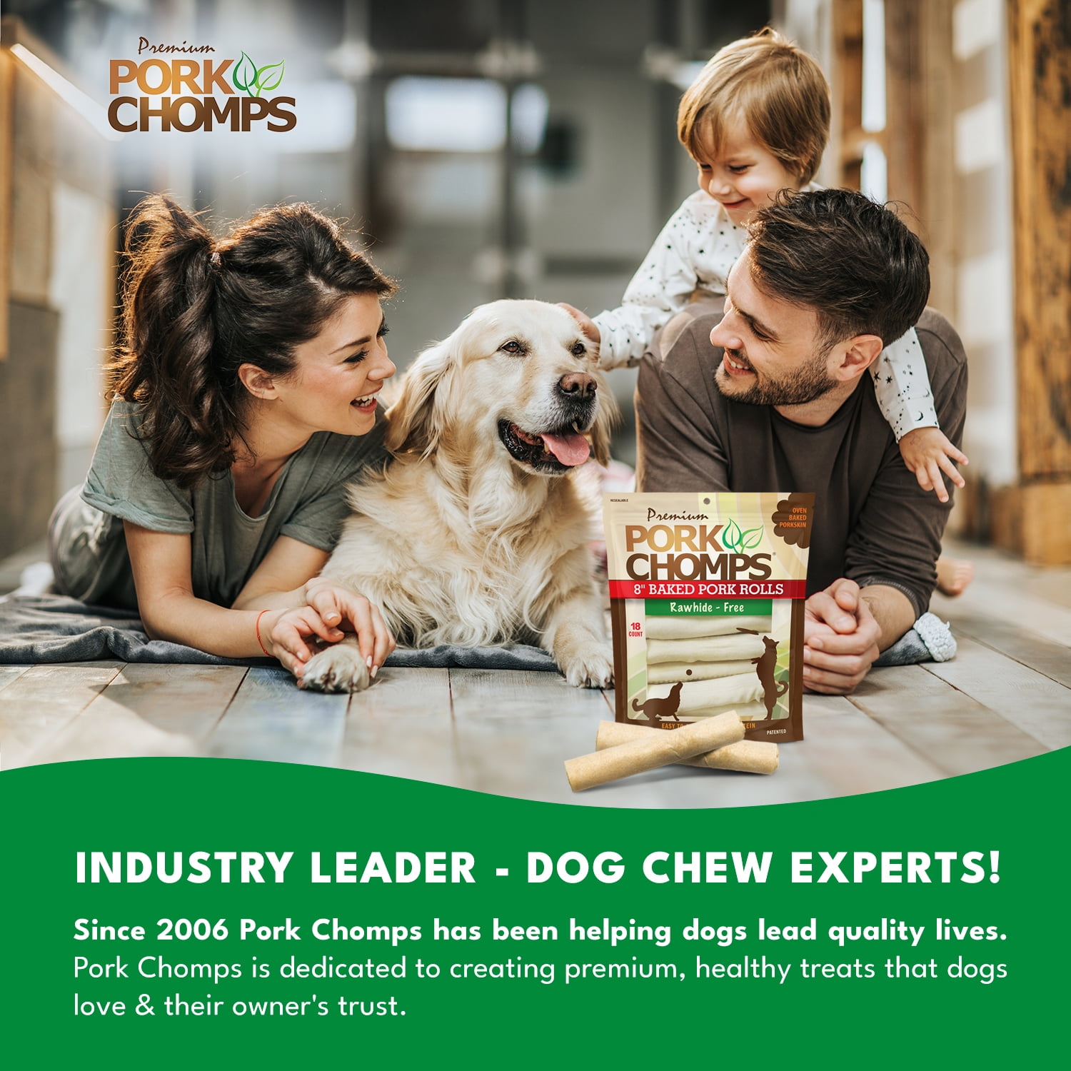 Pork Chomps Premium Rawhide-Free Baked Pork Skin Chew Rolls for Dogs, 8 Inch, 18 Count