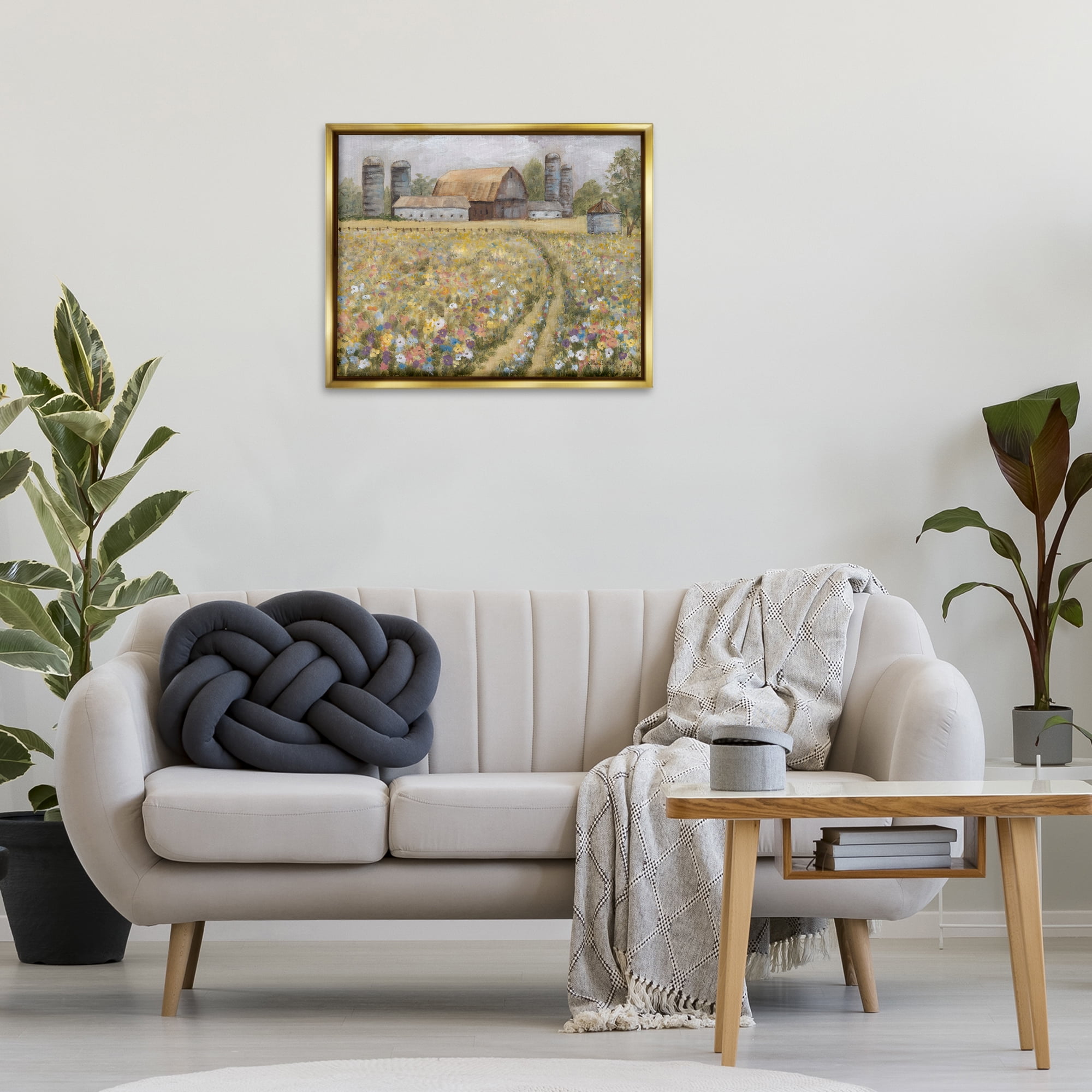 Stupell Industries Meadow Path to Barn Landscape Painting Gold Floater Framed Canvas Art Print Wall Art, 31 x 25