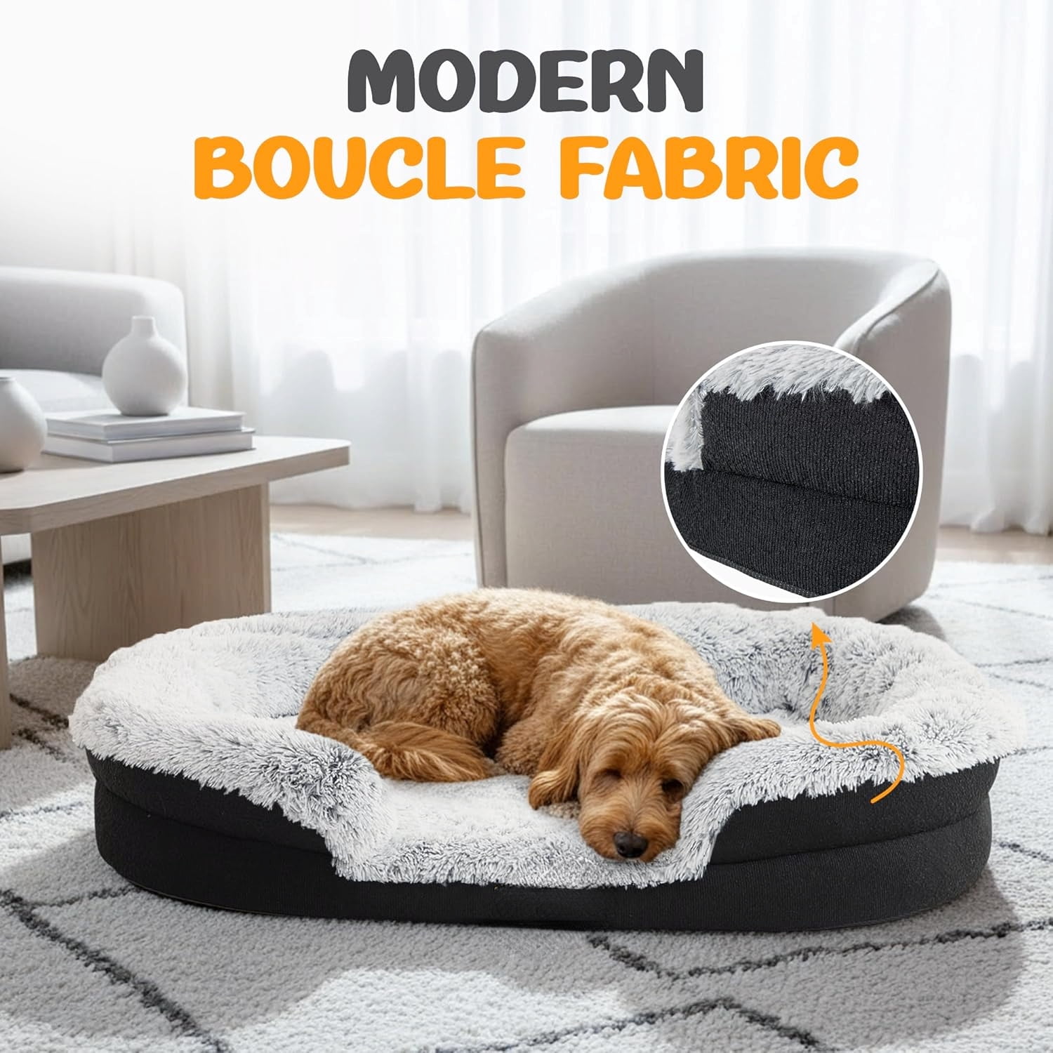 Fluffy Orthopedic Dog Bed Gray 43 Inch Cozy Oval Pet Donut Bed for Large Dogs