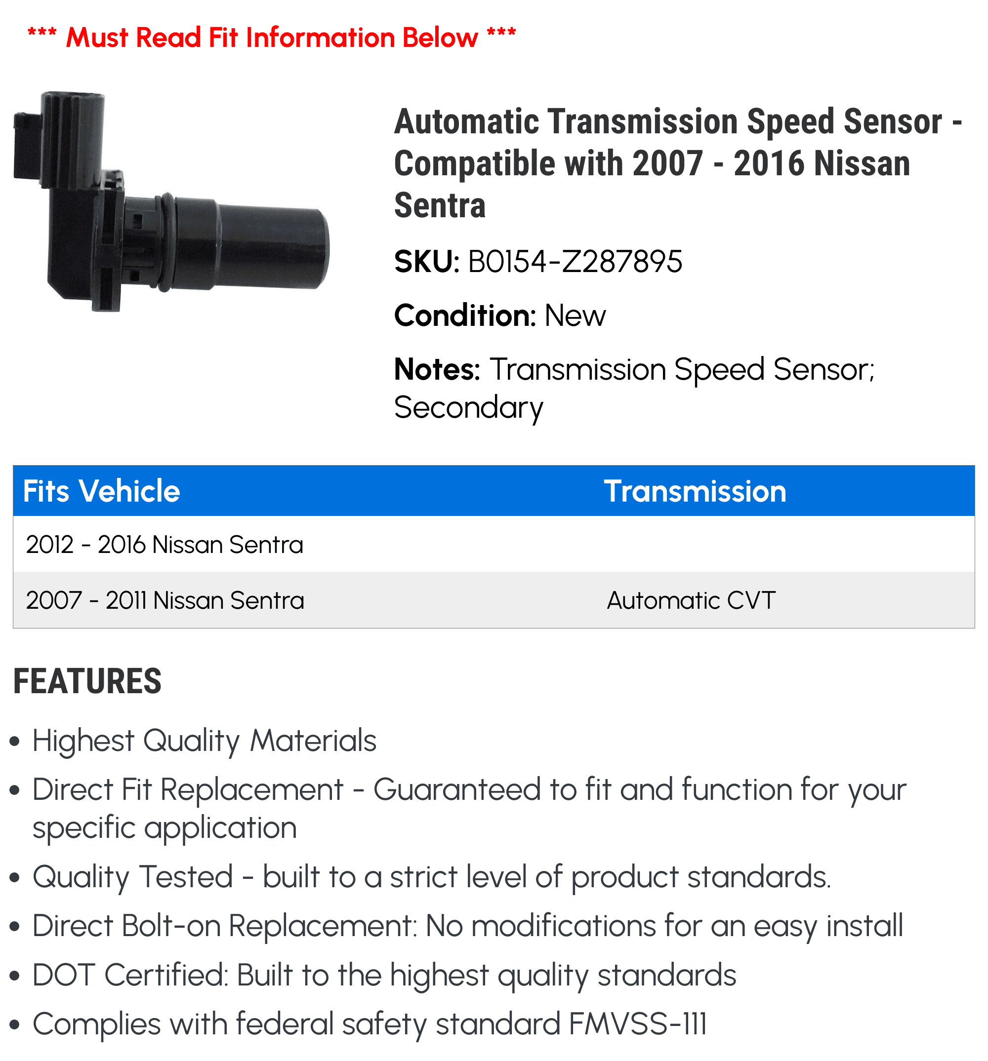 Automatic Transmission Speed Sensor - Compatible with 2007