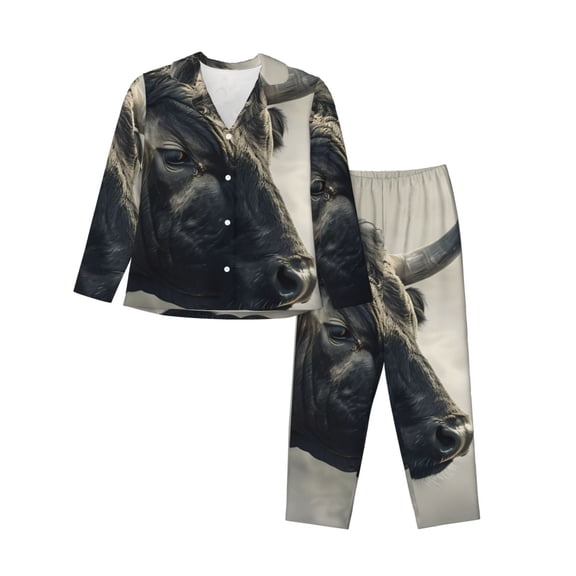 Xecao Mystical Bull in Fog Print Women Pajamas Set Soft Sleepwear Pjs long Sleeve Button Down Nightwear with Long Pants