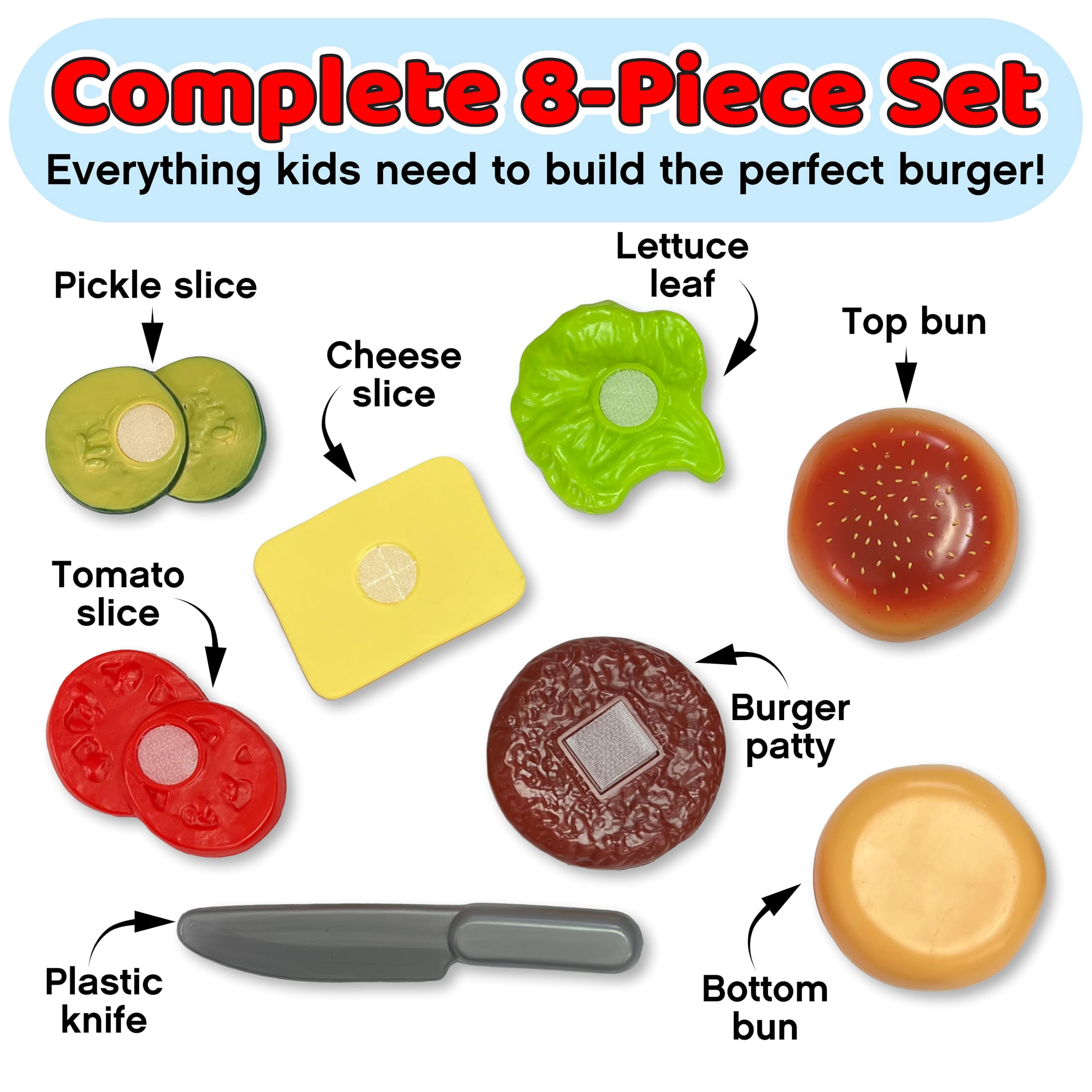 Small World Toys Build-A-Burger Pretend Play Food Set for Kids Ages 3+ Kitchen accessories, Mix and match pieces, Creative role play, Fine motor skills, Imaginative learning, Great birthday gift