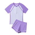 thumbnail image 4 of IVEYRTF Kids Solid Color Short Sleeve Two Piece Swimsuit Set Half Zip Top with Square Leg Bottoms Summer Outdoor Pool Parties Water Activities Sporty Comfort Outfit(Purple,11-12 Years), 4 of 5