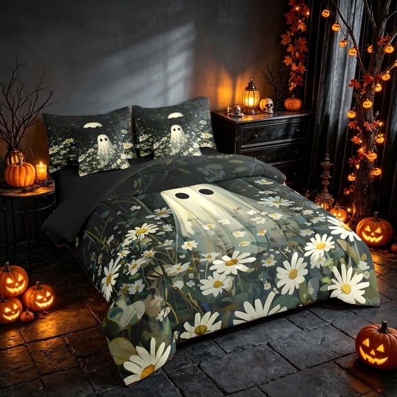 Homewish Halloween Ghost Twin Bedding, Daisy Flower Bedding Comforter Set, Dark Sage Off White, Black Reversible 7 Pieces
