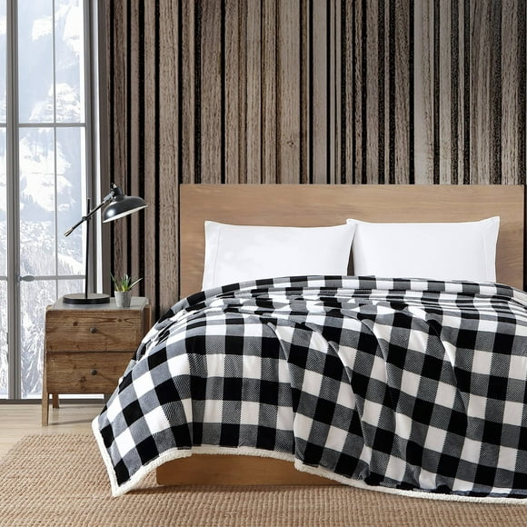 Eddie Bauer - Queen Blanket, Reversible Sherpa Fleece Bedding, Buffalo Plaid Home Decor for All Seasons (Black Check, Queen)