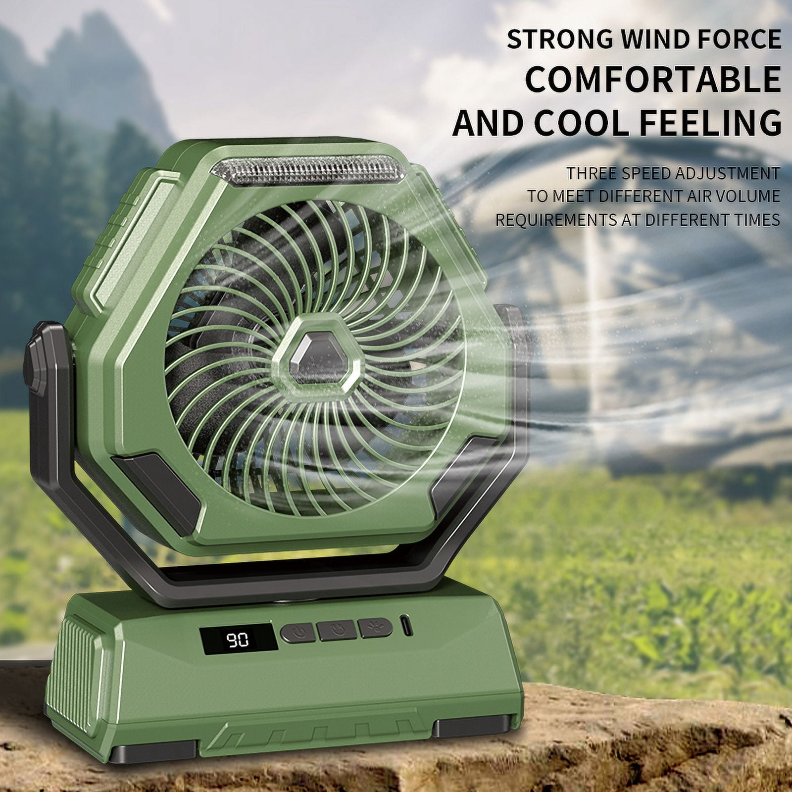 Rechargeable Portable Camping Fan with LED Lantern,Battery Powered Fan,Small Desk Cordless Fans with Hook,270 Head Rotation 3 Speeds USB Recharge Outdoor Fan for Tent Travel Canopy Beach