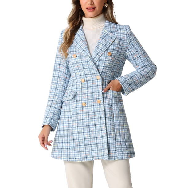 CHAQUETA BLAZER DE TWEED DE DOBLE BOTÓN CON SOLAPA NOTCHED ELEGANTE DE INSPIRE CHIC M AZUL