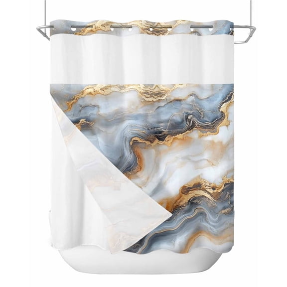 No Hook Shower Curtains with Snap in Liner, Abstract Marble Waterproof Fabric Shower Curtain, Contemporary Minimalism Art Double Layers & See-Through Top Window Bathroom Curtains 66''x72''