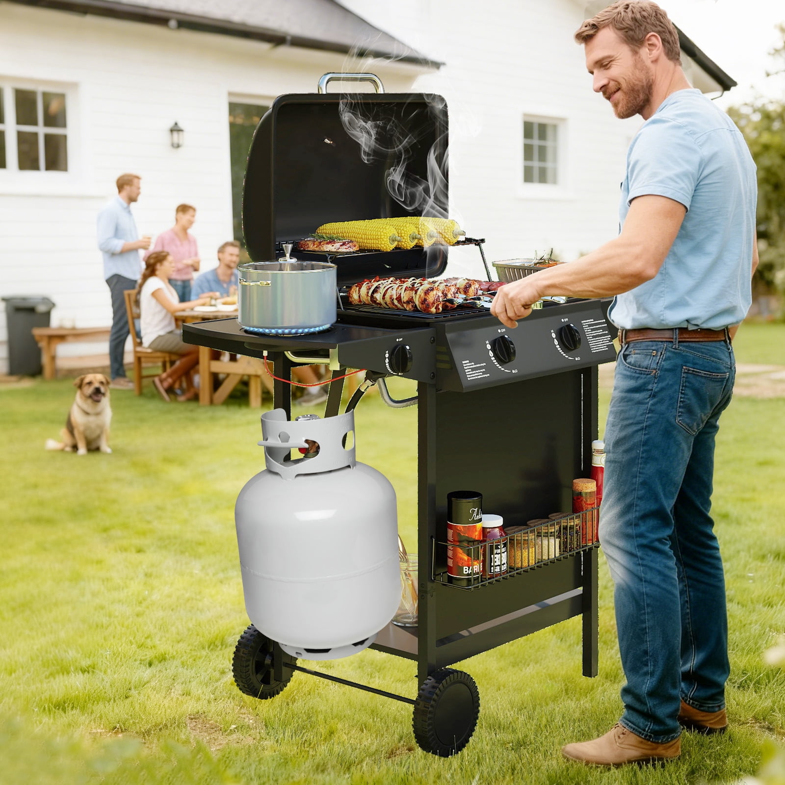 Gymax 30000 BTU Outdoor Cooking Grill w/Storage Shelves & Porcelain-Enameled Grates