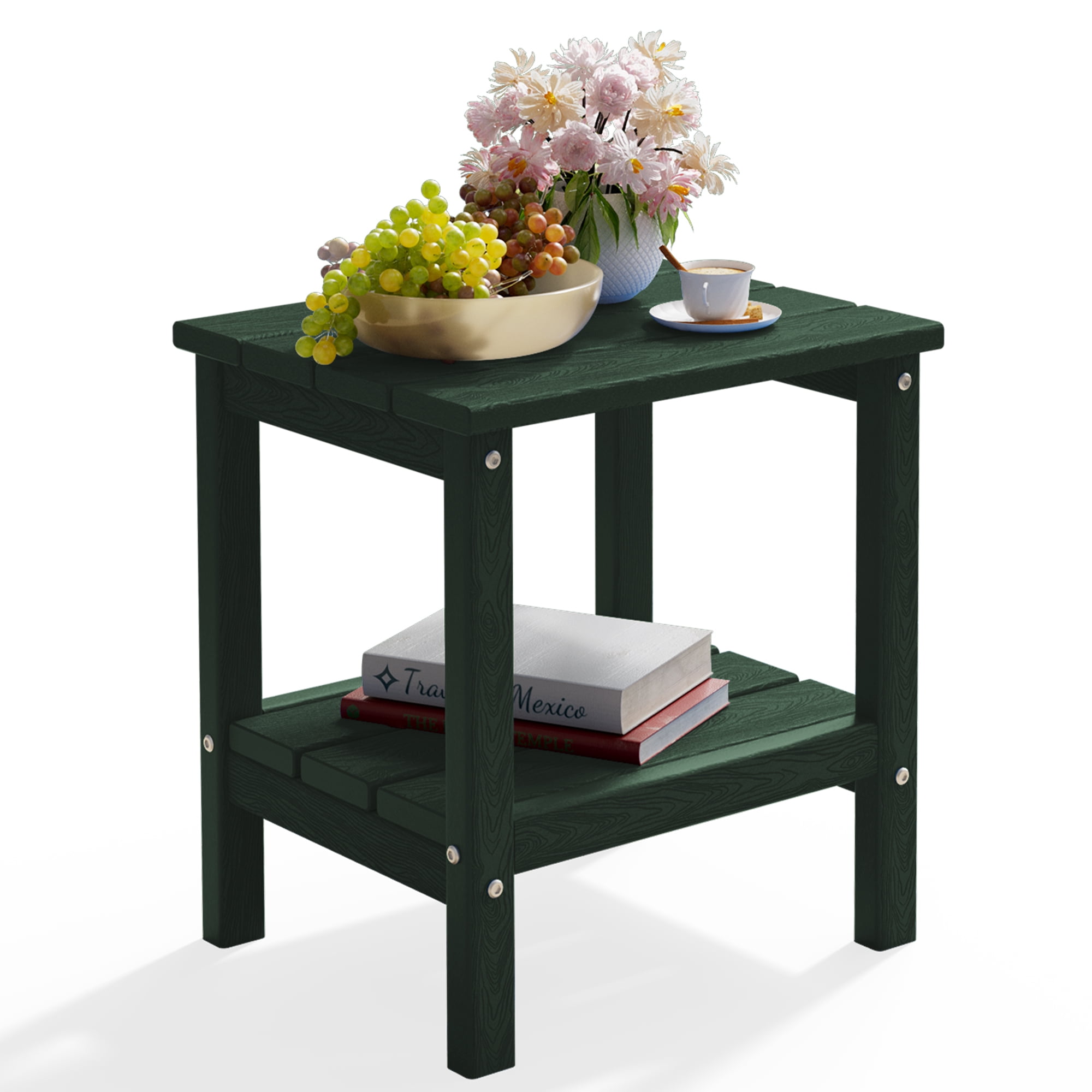 FUNDAZE HDPE 2-Layer End Table for Living Room, Outdoor Side Table, Patio Small End Table, Dark Green