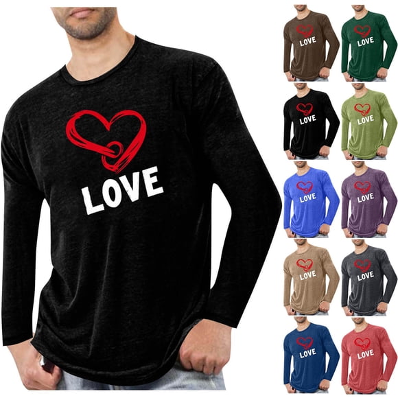 VBTAPA Men's Heart Graphic Tees Crew Neck Long Sleeve T-Shirts Casual Valentines Day Shirt Fashion Gift Ideas Army Green M