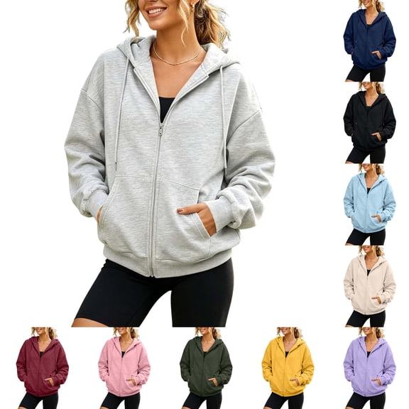 DYTTDG Women's Oversized Zip-Up Hoodie, Full-Zip Fleece Sweatshirt Jacket with Kangaroo Pocket and Drop Shoulder, Long Sleeve Solid Color Casual Coat for Fall Winter