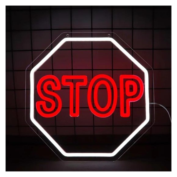 Letrero De Neón STOP Con Luz LED Regulable Para Estacionamientos, Complejos De Apartamentos, Garajes, Puertas Y Decoración De Paredes Del Hogar 39cmx39cm