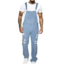 JINMGG Men Pants Clearance Men Casual Fashion Soid Breast Pocket Washed Ripped Denim Bib Long Pants Cargo Pants Light blue XXXL