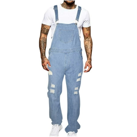 

Mens Vintage Denim Bib Overalls Breathable Distressed Jeans Casual Ripped Pants Jumpsuits
