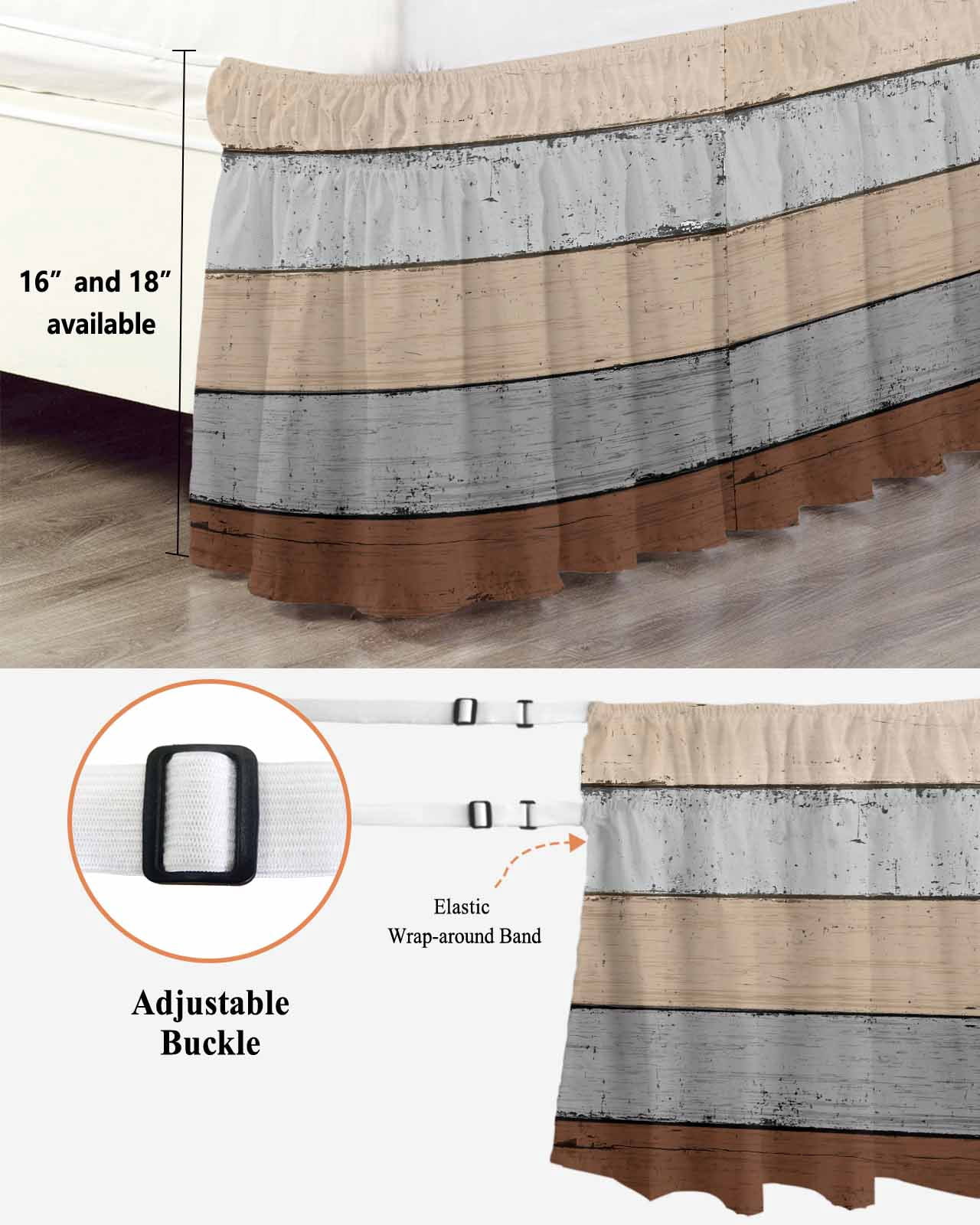 Brown Gray Wood Grain Ruffle Bed Skirt California King Size Countryside Stripe Adjustable Elastic Dust Bed Skirts Wrap Around Bedskirt Wrinkle Free Easy Fit with 18 Inch Drop