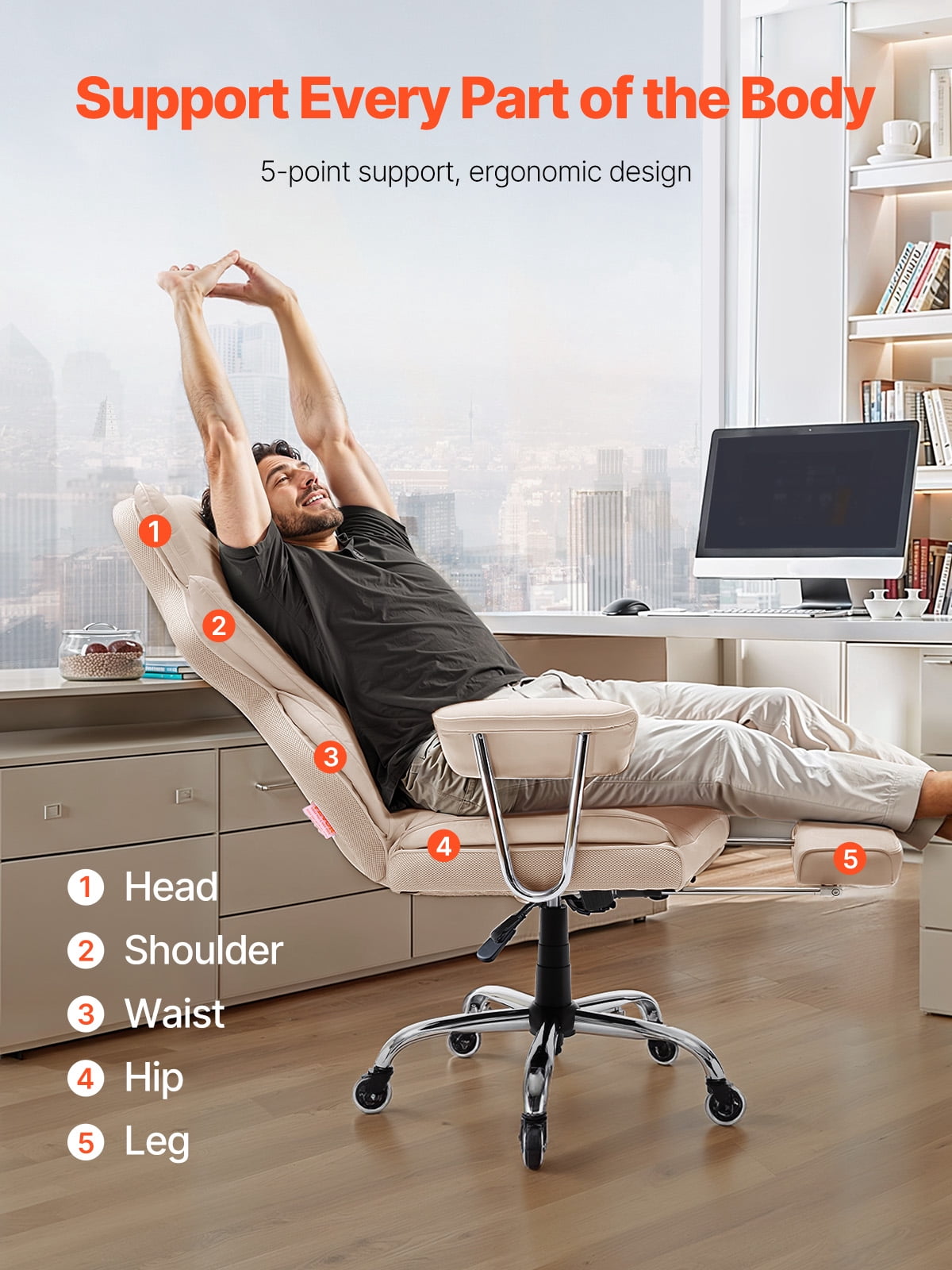 KFFKFF Managerial Office Seat, Tall Backrest Chair with Retractable Footstool and Detachable Arm Supports, Comfortable Workstation Chair, PU Leather Revolving Mobility Chair, Brown