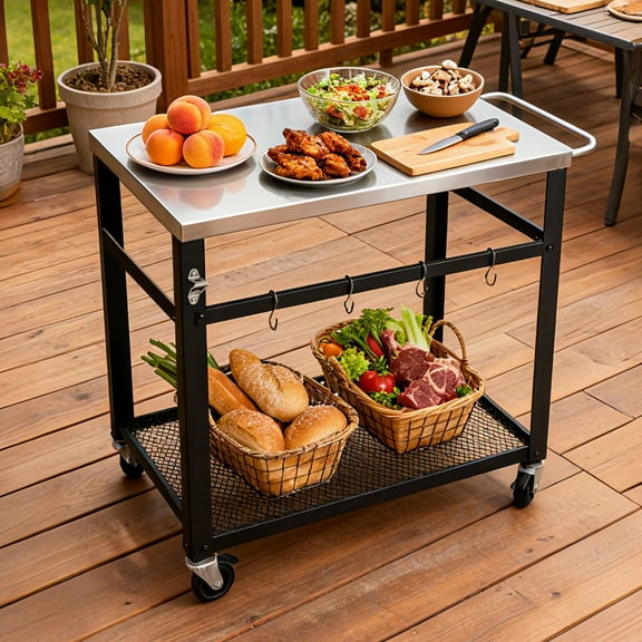 Jopath Bar Cart for The Home, Outdoor Rolling Kitchen Island with Stainless Steel Top with Four Hook Hangers Mobile Serving Cart for Patio, Yard,32.28''L x 21.65''W x 30.7''H