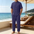 thumbnail image 2 of Men's Cotton Linen Kung Fu Uniform 2 Piece Set Loose Fit Breathable Lightweight Tai Chi Clothing for Training and Practice Short Sleeved Shirt Tops and Pants Size 5XL Navy, 2 of 9