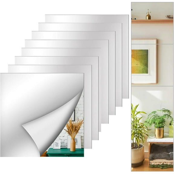 Flexible Mirror Tiles, 10x10 Ih Self-Adhesive Acrylic Square Mirror Stickers, Frameless, DIY Home Wall Gym Door Decor (8pcs)