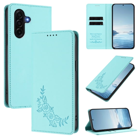 For Samsung Galaxy A37 Phone Case,Peony Embossing Design,Anti-Scratch PU Leather Flip Foilo Cover,With Card Holder,Kickstand,Shockproof Drop Protection,Durable Wallet Phone Case,Mint