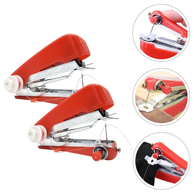 OULII 2Pcs Easy To Use Sewing Machine Portable Mini Handheld For Diy Enthusiasts Red Plastic And Metal