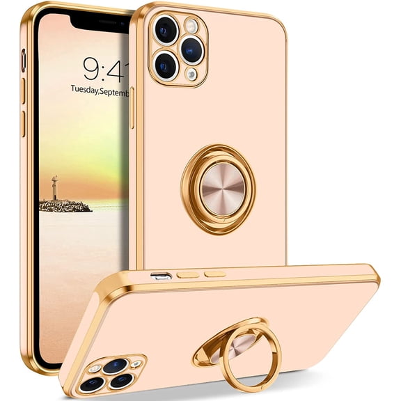 for iPhone 11 Pro Max Case, Phone Case iPhone 11 ProMax, Slim Fit Kickstand Ring Holder Shockproof Protection Soft TPU Bumper Protective Girls Women Boy iPhone 11 ProMax 6.5 Cover, Pink/Gold