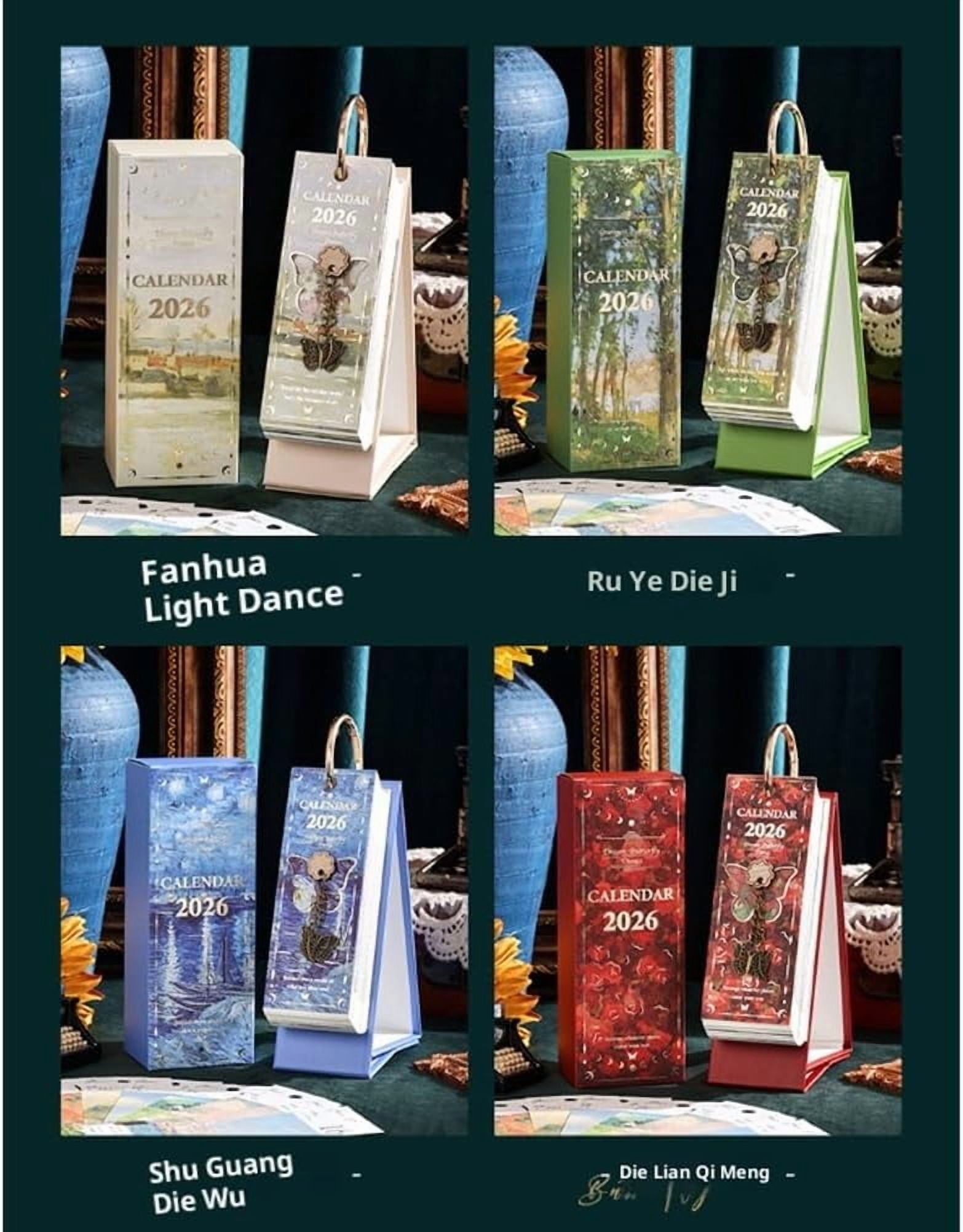 2026 Vintage European Style Oil Painting Flip Calendar, Elegant Desktop Flip Calendar with Butterfly Pendant, 12 Months of Oil Painting Holiday Themes, Suitable for Home, Living Room, Office, Create