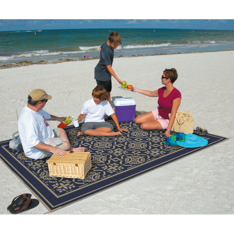 Patio Mats 9x12 Reversible RV Outdoor Patio Mat, Camping Mat, Blue  (Reversible with 2 designs) 