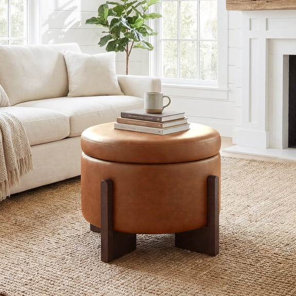 Poshby 23'' Round Faux Leather Ottoman Coffee Table with Storage, Solid Wood for Living Room, Light Brown