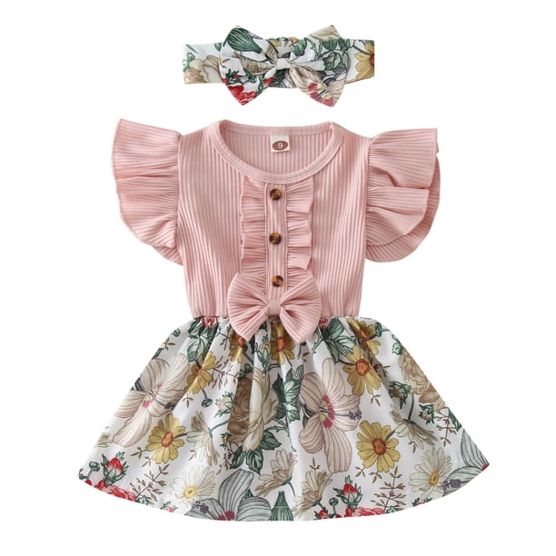 Gibobby Mameluco niño estampado Floral con volantes y mangas volantes para niñas pequeñas, monos acanalados con para recién nacidos, trajes con diadema(Rosa, 9 Meses)