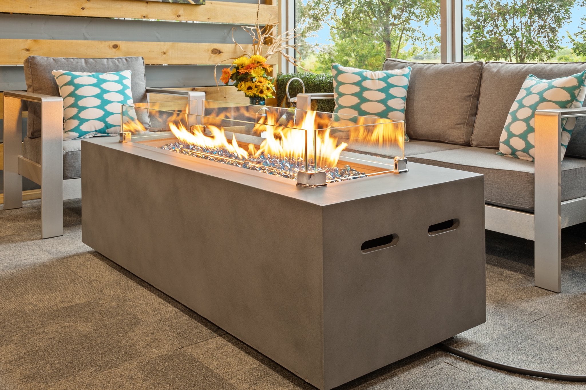 60" Rectangular Concrete Smokeless Fire Pit for Patio, Table with Glass Guard and Crystals in Gray (Amber)
