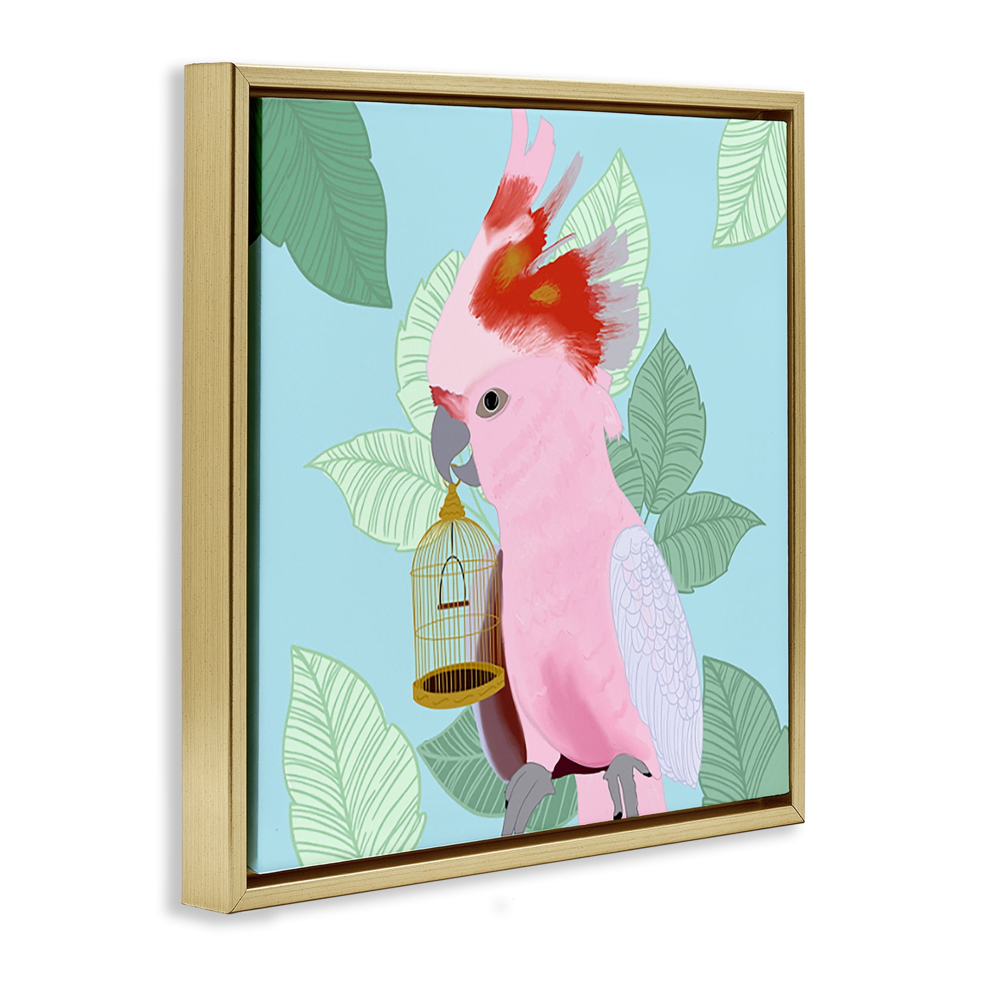 Stupell Industries Pink Cockatoo with Leaves Animals Painting Gold Floater Framed Canvas Art Print Wall Art, 18 x 18