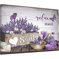 Farmhouse Bathroom Decor Wall Art Purple Lavender Picture Wall Decor Relax Soak Unwind Bathroom Sign Canvas Painting Prints Artwork Home Decorations Framed for Bedroom 12inx16in