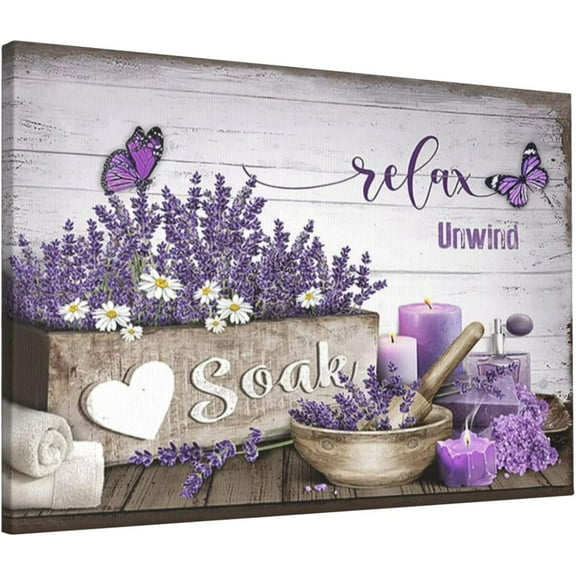Farmhouse Bathroom Decor Wall Art Purple Lavender Picture Wall Decor Relax Soak Unwind Bathroom Sign Canvas Painting Prints Artwork Home Decorations Framed for Bedroom 12inx16in