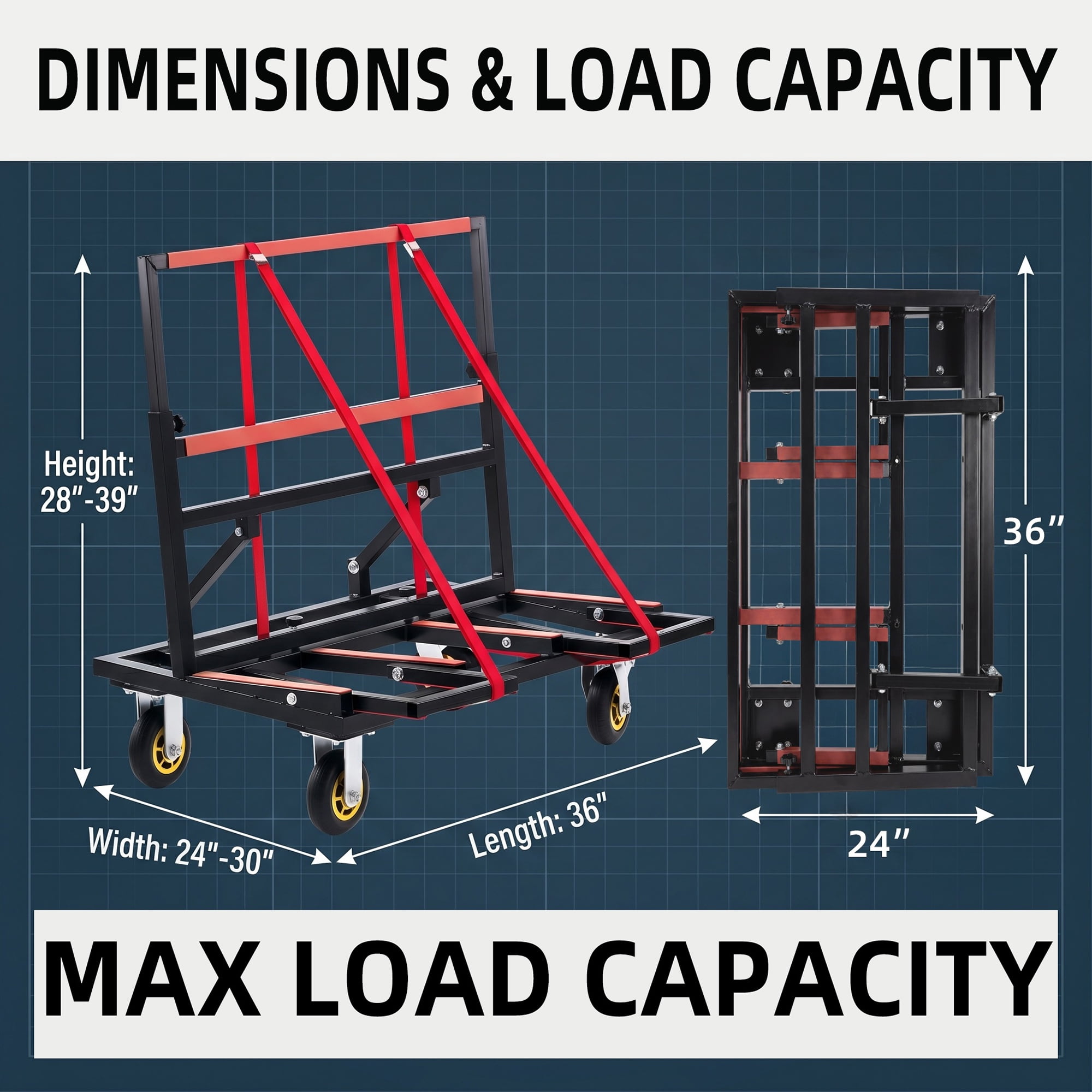 Folding Drywall Dolly with 4X6" Casters, 2000 LBS Load Capacity, Expandable Deck and Back Frame, Portable Panel Cart for Versatile of Handling Plywood, Plasterboard, Glass with 2PCS Tie-Down Strapp