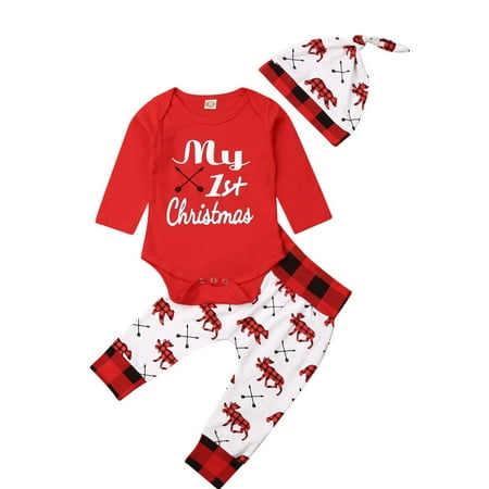 

Tretra Newborn Baby Boy Girl My First Christmas Bodysuit Romper + Pants + Beanie Hat