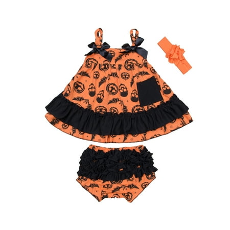 

StylesILove Baby Girl Swing Top Pumpkin Dress and Bloomers with Headband 3 pcs Halloween Costume Outfit (S/3-6 Months)