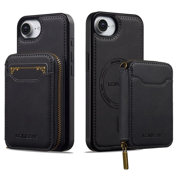 ELEHOLD Shockproof RFID Blocking Leather Wallet Magnetic Case Detachable Zipper Card Holder for iPhone 17e & iPhone 16e, Black
