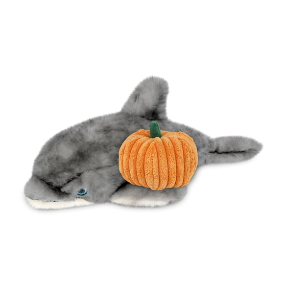 DolliBu Halloween Stuffed Animal Grey Dolphin Plush with Pumpkin - Grey Dolphin Stuffed Animal with Small Pumpkin Plush Perfect Halloween Plush Toys for Baby, Kids, Adults - 16.5 Inches