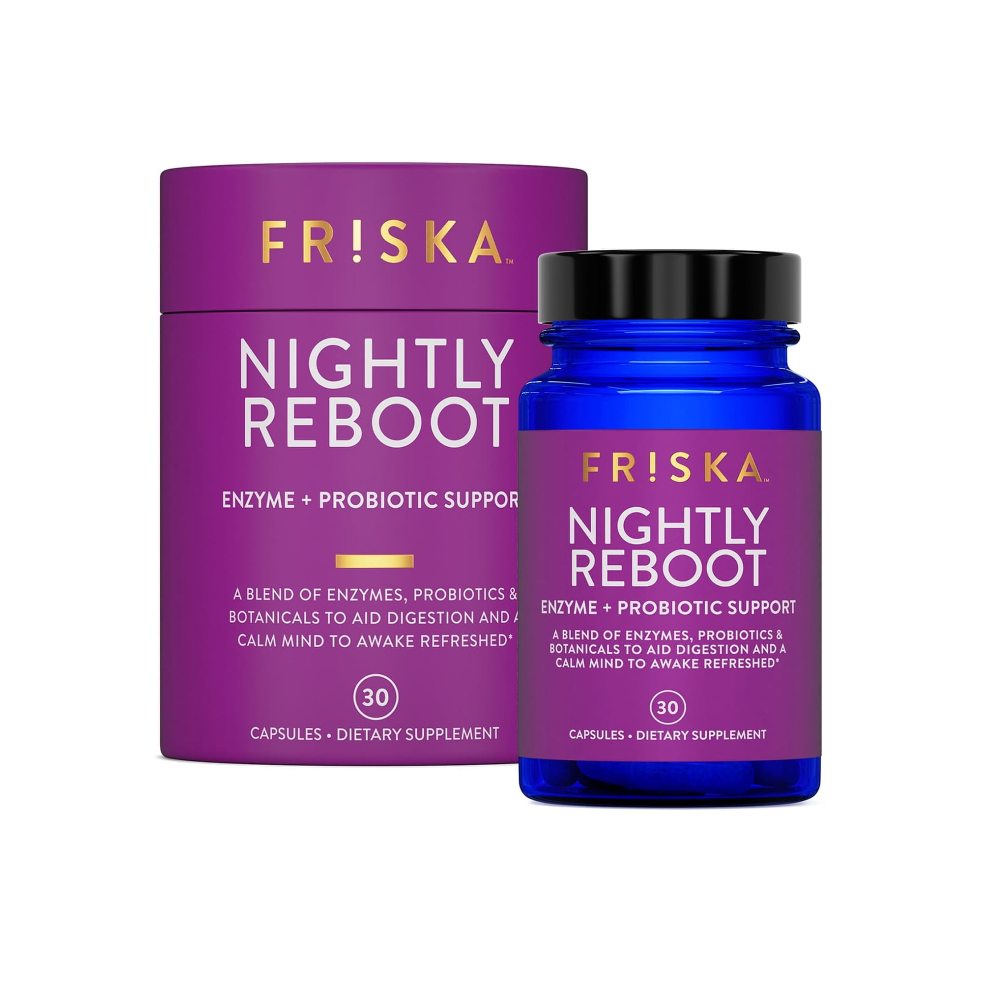 FRISKA Nightly Reboot Enzyme and Probiotics Supplement, Promotes Better Digestion and Sleep, Supports Gut Health for Men and Women, Melatonin, Chamomile, 30 Capsules